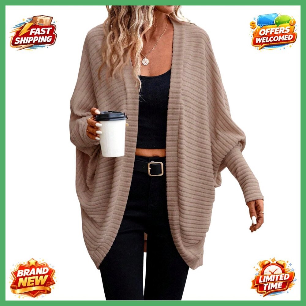 Oversized Slouchy Cardigan Waffle Knit Batwing Sleeves Open Front